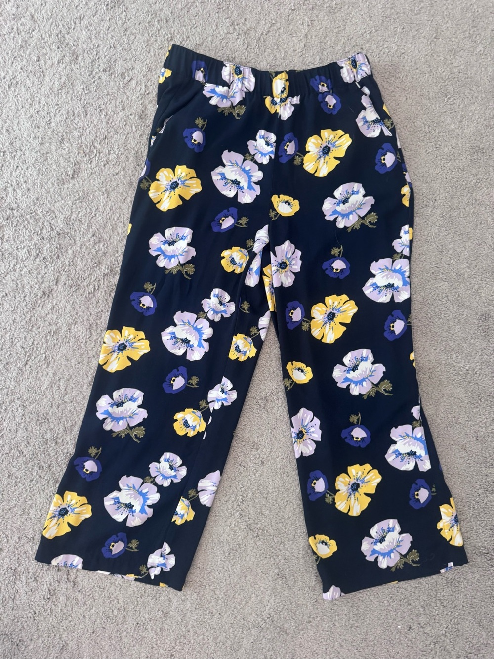 LOFT Navy Floral Pull-On Pants with Yellow & Lavender Blooms